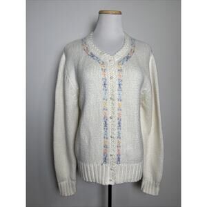 VTG Objectives Petite Cottage Cardigan Sweater Sz M Ivory Pearl Button Soft Girl